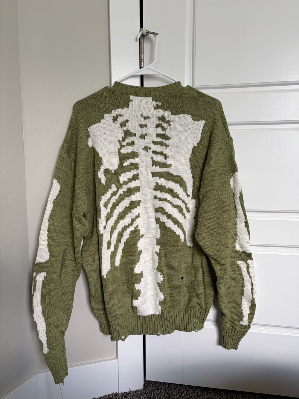 Kapital Olive & White Skeleton Intarsia Crewneck Sweater